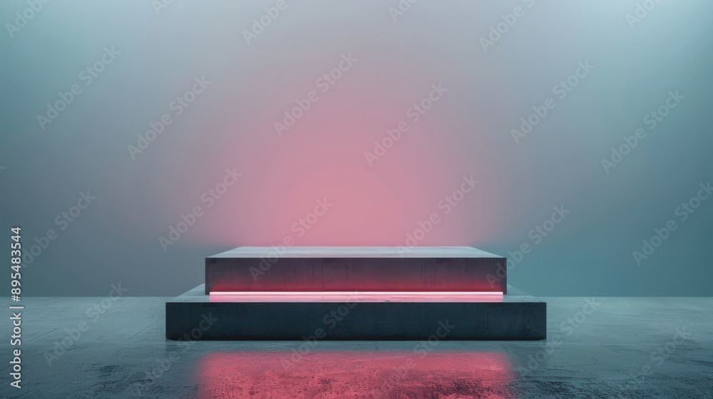 Minimalist square podium stand, neon accents, 3D render, modern and sleek, topdown view, soft studio lighting, high detail Minimalist square podium stand, neon accents, 3D render, modern and sleek, topdown view, soft studio lighting, high detail