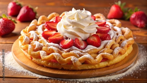 Golden-brown funnel cake overflowing with sweet strawberry filling, topped with a fluffy swirl of whipped cream, against a warm background.
