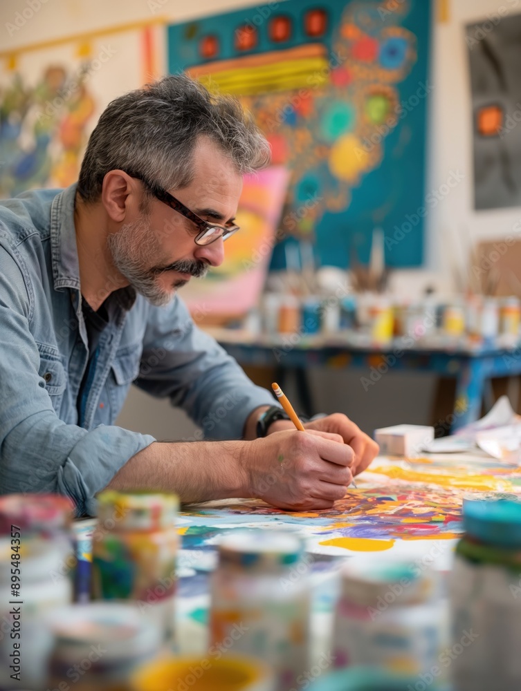 Adult Artist Painting in Colorful Art Class Studio with Displayed Artworks Adult Artist Painting in Colorful Art Class Studio with Displayed Artworks