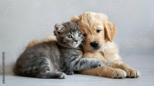 Wallpaper Mural A playful golden retriever puppy lovingly embraces a British cat, creating an adorable moment captured against a crisp white backdrop. Torontodigital.ca