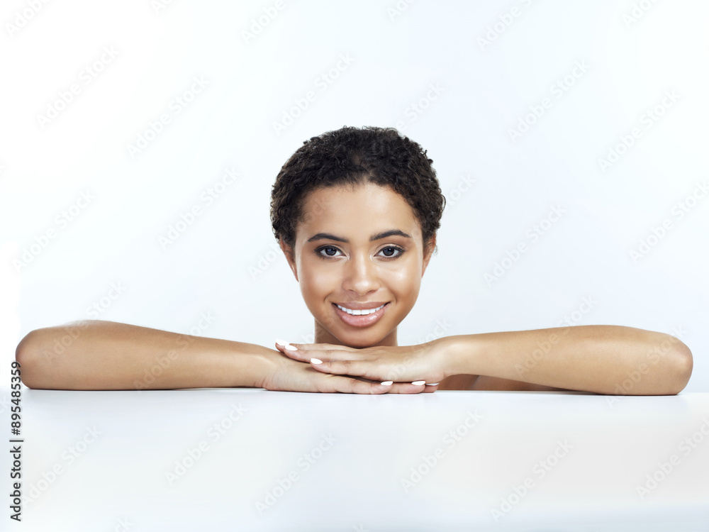 Salon, skincare and portrait of woman in studio for facial treatment, natural cosmetics or dermatology with white background. Aesthetic, beauty and model with smile for glow, shine or cosmetology Salon, skincare and portrait of woman in studio for facial treatment, natural cosmetics or dermatology with white background. Aesthetic, beauty and model with smile for glow, shine or cosmetology