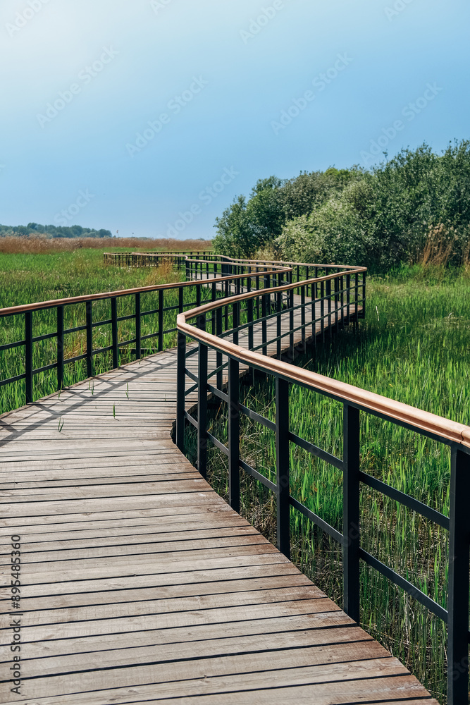 Eco path wooden walkway in Lukomorie, ecological trail path - route walkways laid in the forest, in St. Petersburg, Russia. Eco path wooden walkway in Lukomorie, ecological trail path - route walkways laid in the forest, in St. Petersburg, Russia.