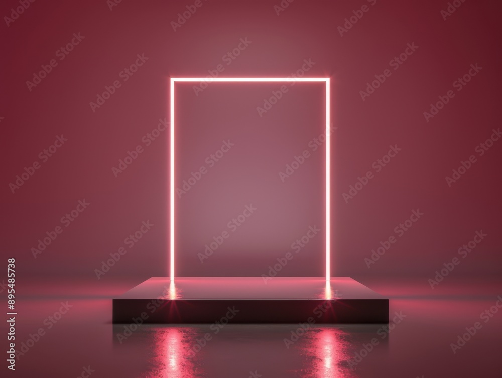 3D render of a minimal square podium stand, neon lights, sleek design, front view, studio lighting, high detail 3D render of a minimal square podium stand, neon lights, sleek design, front view, studio lighting, high detail