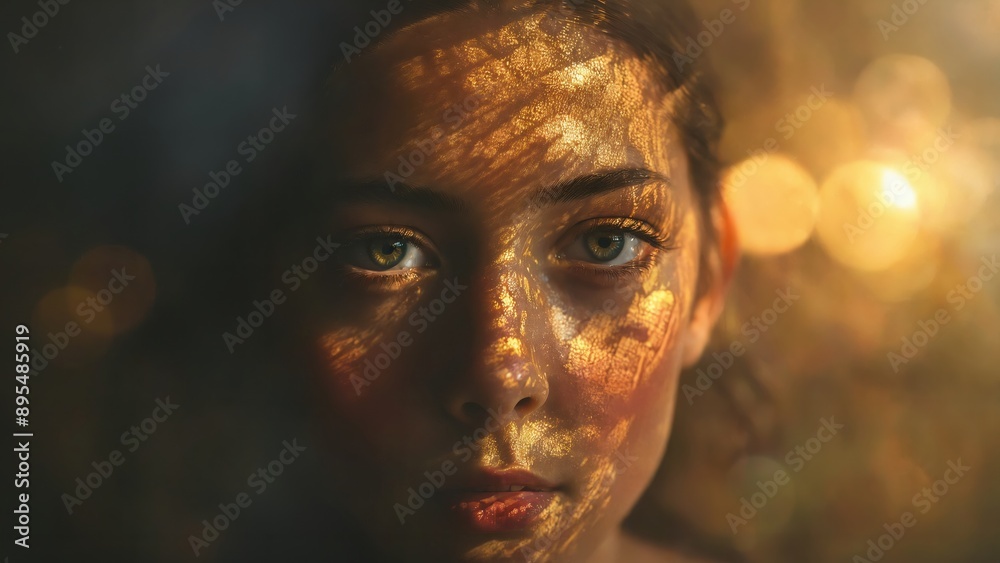 Generative AI, A young woman with light patterns on her face, symbolizing inner beauty, mystery, and the interplay of light and shadow Generative AI, A young woman with light patterns on her face, symbolizing inner beauty, mystery, and the interplay of light and shadow