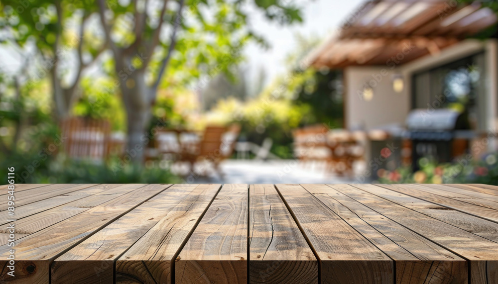 In the foreground, a wooden table is placed, while a house is visible in the background