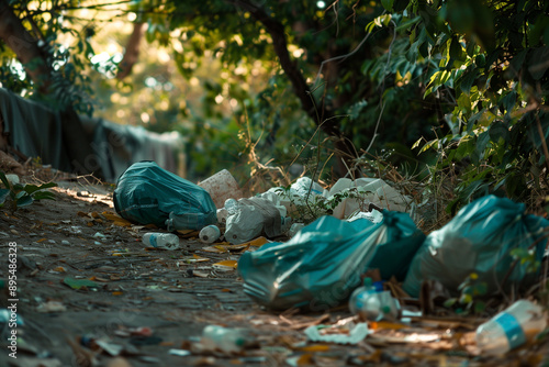 trash bags and plastic bottles littering a wooded area.