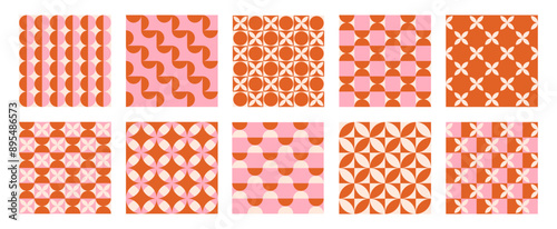 Trendy retro set geometric seamless patterns with colorful semicircles and circles. Modern abstract background. Orange, beige and pink colors. Vector illustration