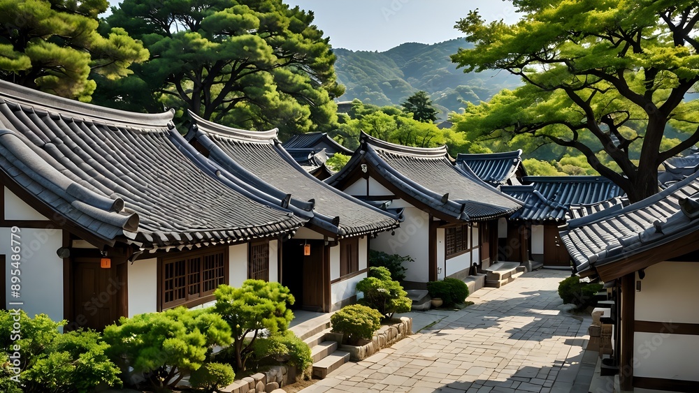 Traditional Korean architecture with white walls and black tiled roofs, surrounded by lush greenery. Traditional Korean architecture with white walls and black tiled roofs, surrounded by lush greenery.