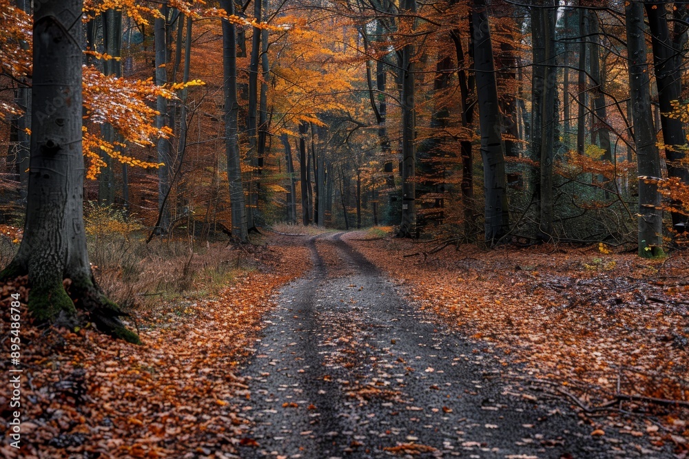 Obraz premium A serene path winds through a forest, showcasing the beauty of autumn with vibrant golden leaves. The path symbolizes journey, exploration, change, and the natural cycle of life.