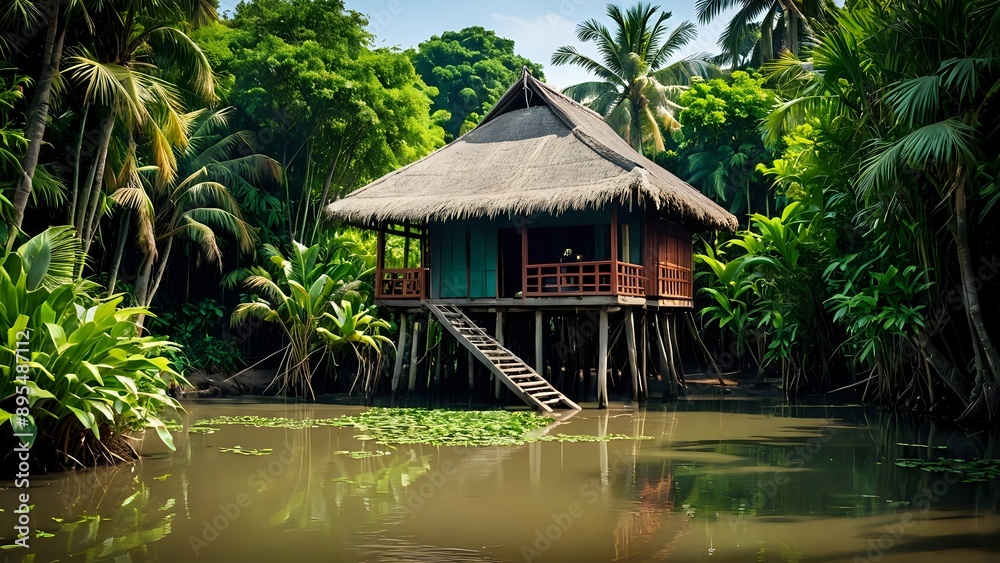 Lush tropical jungle surrounds a stilt house over a tranquil lagoon. Lush tropical jungle surrounds a stilt house over a tranquil lagoon.