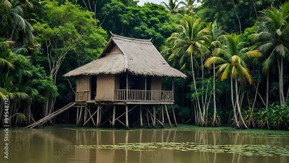 A wooden hut on stilts in a tropical jungle, surrounded by lush greenery and palm trees, with a calm river in the foreground. A wooden hut on stilts in a tropical jungle, surrounded by lush greenery and palm trees, with a calm river in the foreground.
