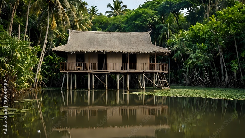 A traditional stilt house nestled in a lush tropical rainforest, its reflection mirrored in the tranquil pond. A traditional stilt house nestled in a lush tropical rainforest, its reflection mirrored in the tranquil pond.
