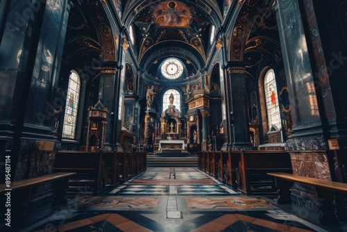 The image showcases the grandeur and serenity of a church interior with soaring arches, intricate details, and stained glass windows casting a radiant glow. photo