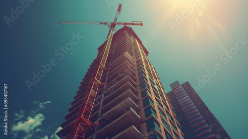 A tall building is being built. A crane is on top of the building. This image can be used for themes about cities or industry. #895487167