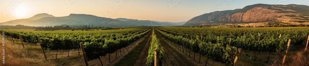 Naklejka premium Panoramic Vineyard at Sunset, Perfect for Winery and Agricultural Promotions