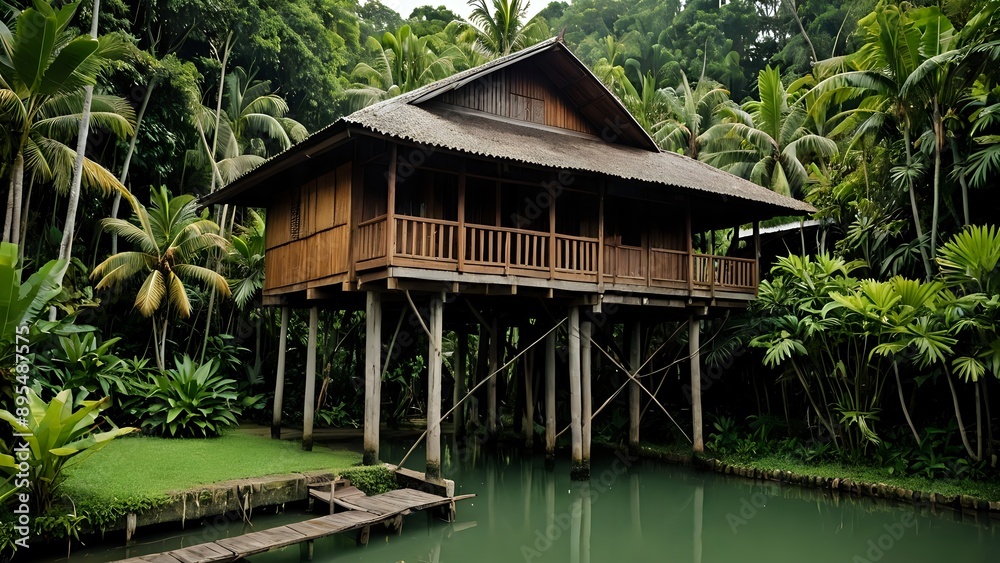Fototapeta premium A wooden house on stilts sits amongst lush greenery, overlooking a calm, green pond.