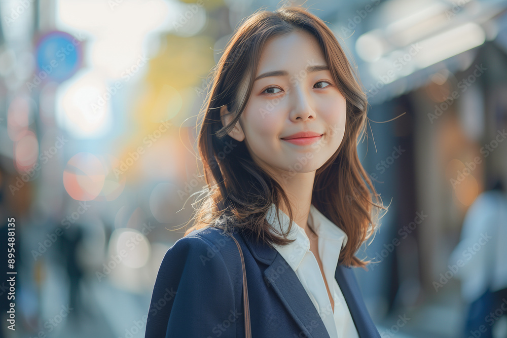 asian woman in a dark blue suit walking in the city background asian woman in a dark blue suit walking in the city background
