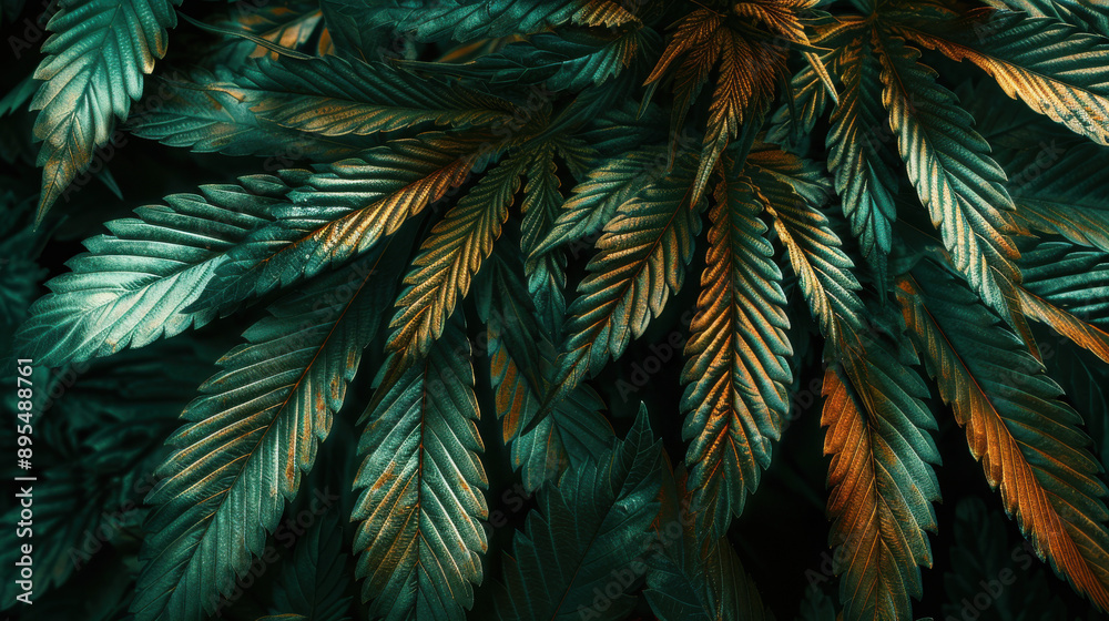 Fototapeta premium Cannabis leaves with dramatic side lighting, highlighting the intricate details and textures