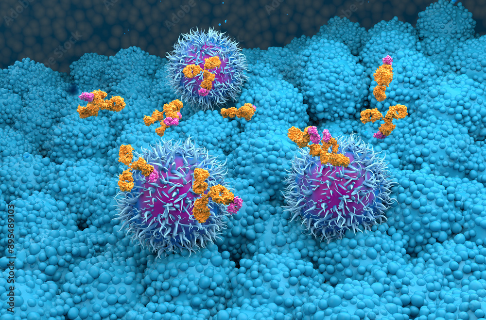 Fototapeta premium Monoclonal antibody treatment in Pancreatic cancer - isometric view 3d illustration