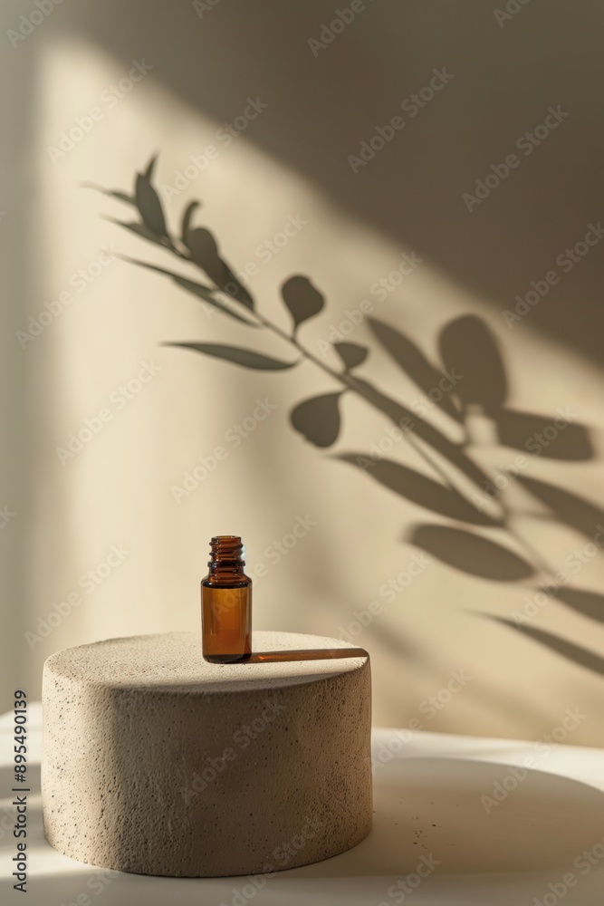 Mockup of an essential oil bottle on a round stone podium, with a brown background and shadows of leaves cast across it.