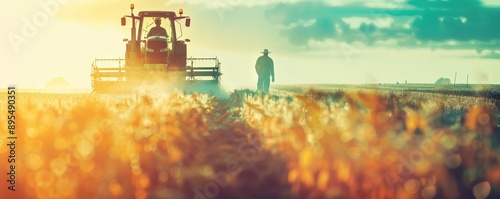 Farmer walks beside a tractor in a field during sunrise, symbolizing agriculture and rural life. photo