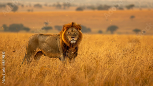 An adult male lion stands in the African savanna. The vast grassland has been scorched by a recent fire, but the lion appears unfazed by the harsh conditions. photo