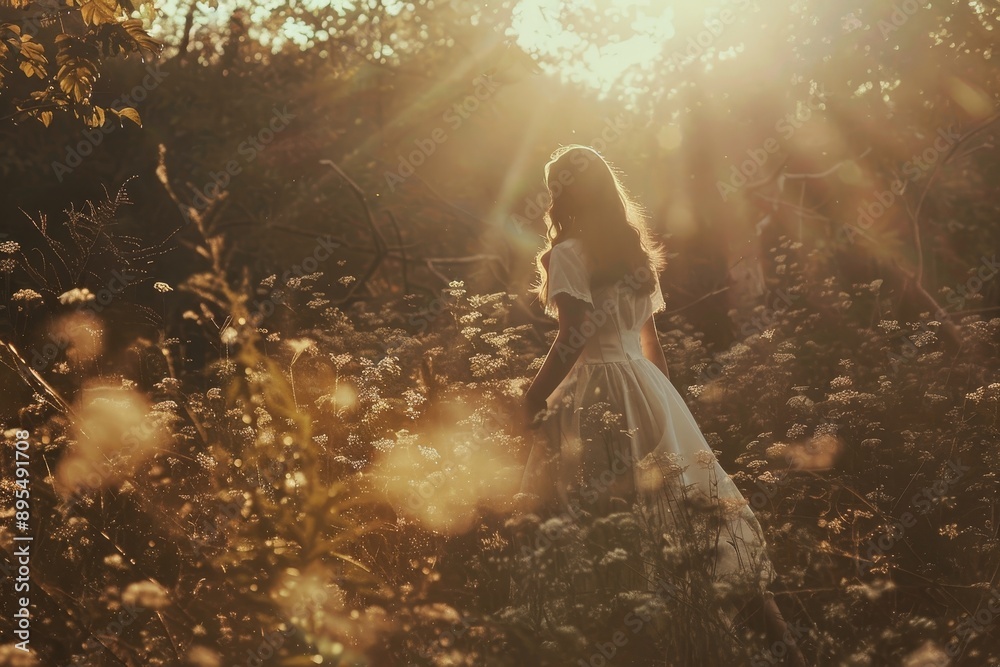 Obraz premium A young woman walks through a field of flowers in a white dress, bathed in the golden light of the setting sun. The image represents beauty, nature, peace, hope, and freedom.