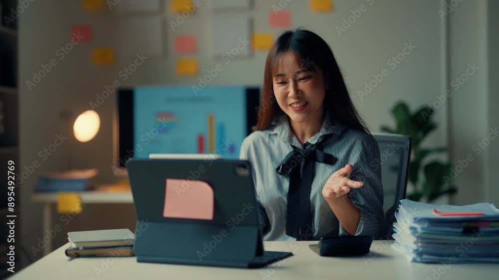 Smiling businesswoman confidently engages in an online conference call from her home office, communicating with a tablet Smiling businesswoman confidently engages in an online conference call from her home office, communicating with a tablet