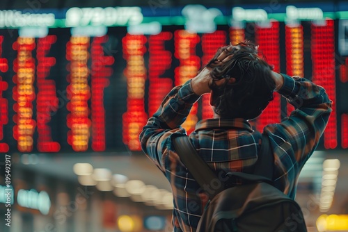 A man with his hands on his head looking at flight schedule