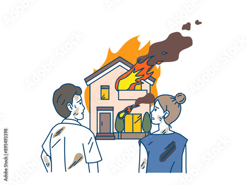 火事で家が燃えて呆然とする夫婦のイラスト