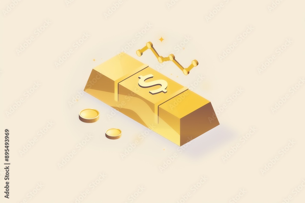 A stylized illustration featuring a gold bar with a dollar sign, accompanied by coins and an upward trend line, symbolizing wealth and financial growth A stylized illustration featuring a gold bar with a dollar sign, accompanied by coins and an upward trend line, symbolizing wealth and financial growth