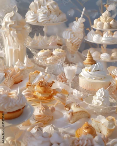 Obraz  z motywem A whimsical display of creamy desserts, featuring elegant cupcakes, meringues, and cakes in soft pastel hues, creating a dreamy, indulgent atmosphere