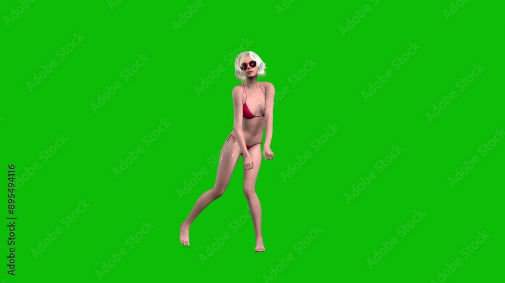 3D female character, woman with blond hair and wet skin, wearing red bikini swimming wear and sunglasses, dancing cat style on green screen, 3D animation, front view. 3D female character, woman with blond hair and wet skin, wearing red bikini swimming wear and sunglasses, dancing cat style on green screen, 3D animation, front view.