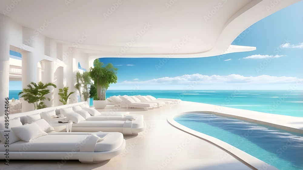 Fototapeta premium view of the sea.opulent, contemporary white beach hotel with a pool. Relax on the sundeck of your hotel or vacation rental. AI generation Revised