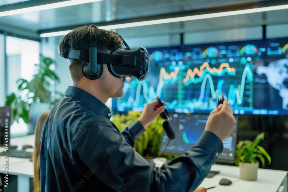 A person wearing a VR headset interacts with digital data visualization on multiple screens in a modern workspace, highlighting technology and virtual reality's impact on analysis A person wearing a VR headset interacts with digital data visualization on multiple screens in a modern workspace, highlighting technology and virtual reality's impact on analysis