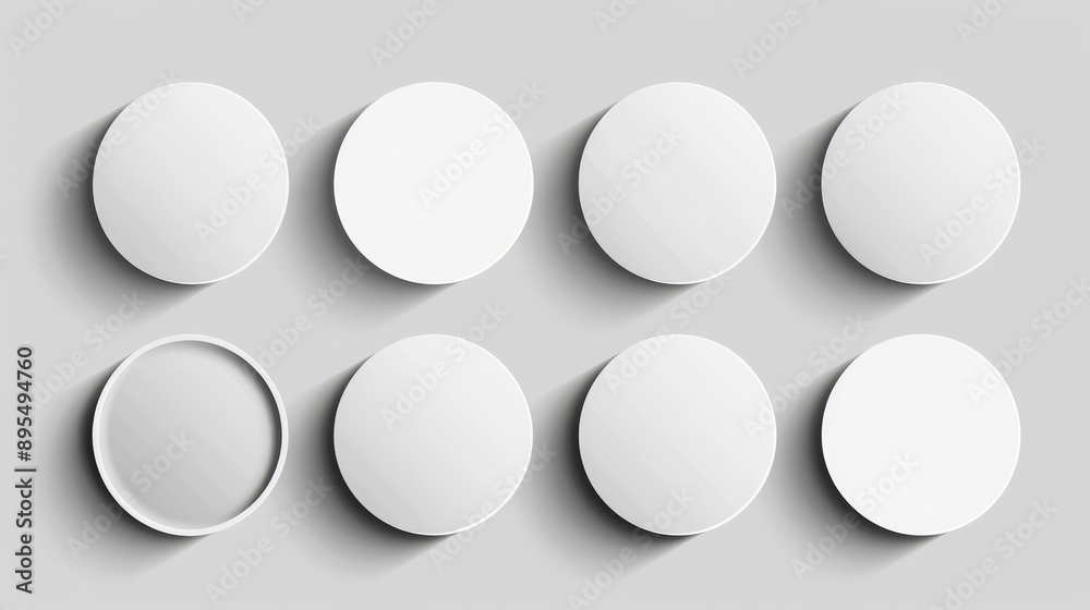 A set of eight blank circular shapes with drop shadows, perfect for presentations, infographics, or website designs. A set of eight blank circular shapes with drop shadows, perfect for presentations, infographics, or website designs.