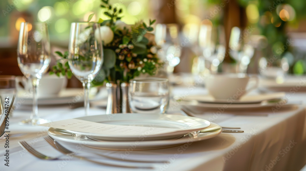 Elegant dining table with blank menu cards and reservation placeholders for upscale weddings and special occasions Elegant dining table with blank menu cards and reservation placeholders for upscale weddings and special occasions
