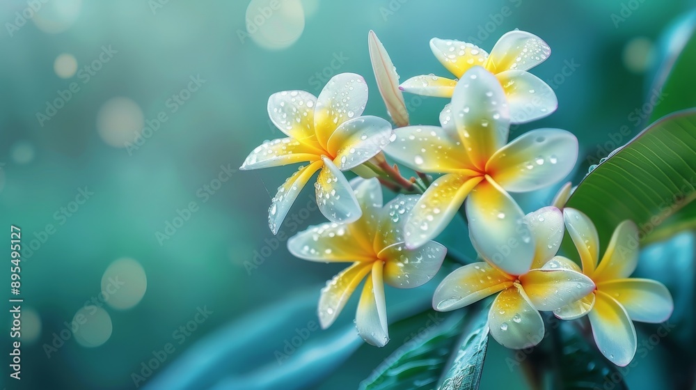 A close-up image of white plumeria flowers with dew drops, symbolizing purity, tranquility, beauty, nature, and serenity. A close-up image of white plumeria flowers with dew drops, symbolizing purity, tranquility, beauty, nature, and serenity.