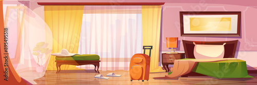 Modern hotel bedroom interior. Room with double bed, lamp on nightstand, suitcase and curtains decoration. Cityscape view from apartment window. 2d luxury and comfortable vintage suit graphic scene