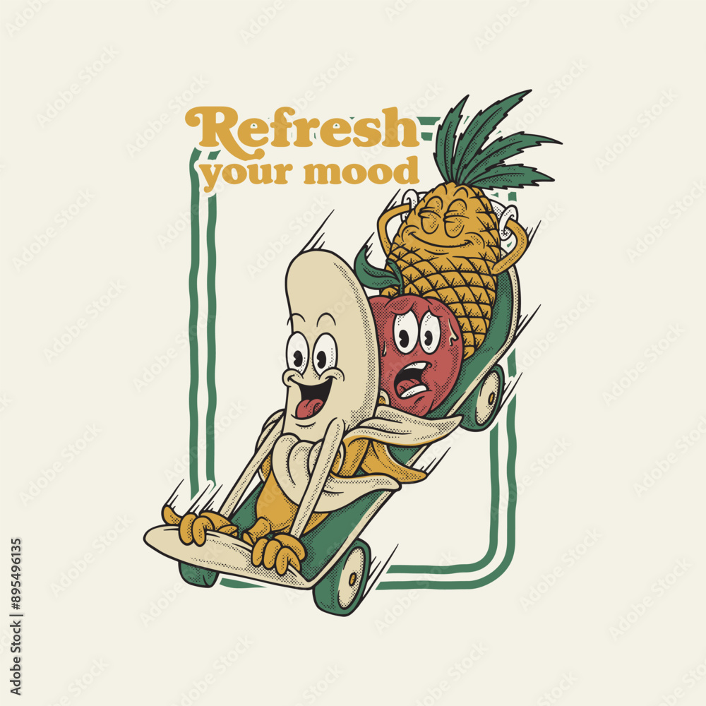 retro cartoon emblem of fruits riding skateboard retro cartoon emblem of fruits riding skateboard