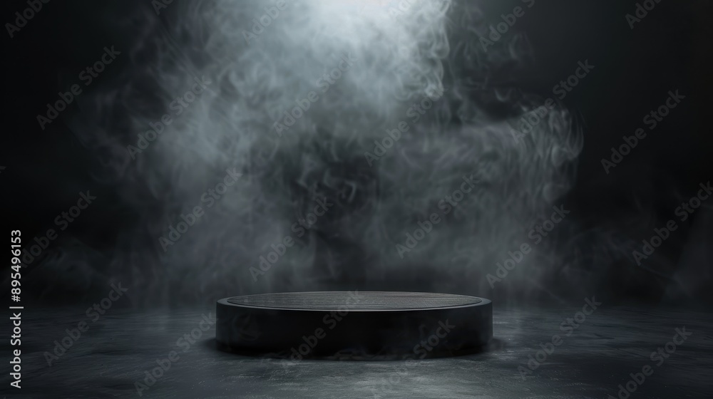 Black podium with dark smoke background, featuring a textured fog and spotlight on an abstract stage Black podium with dark smoke background, featuring a textured fog and spotlight on an abstract stage