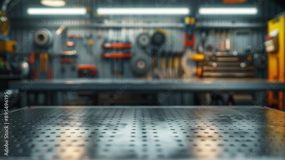 Empty metal surface with a backdrop of blurred automotive tools and parts, suitable for auto product advertisements. Empty metal surface with a backdrop of blurred automotive tools and parts, suitable for auto product advertisements.