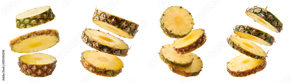 Flying pineapple slices isolated transparent background, PNG set Flying pineapple slices isolated transparent background, PNG set