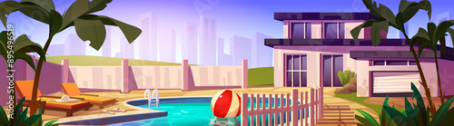 Front villa exterior with modern swimming pool. Suburban mansion building with garage and city view. Residential family cottage in Florida village. American neighborhood residence with back yard