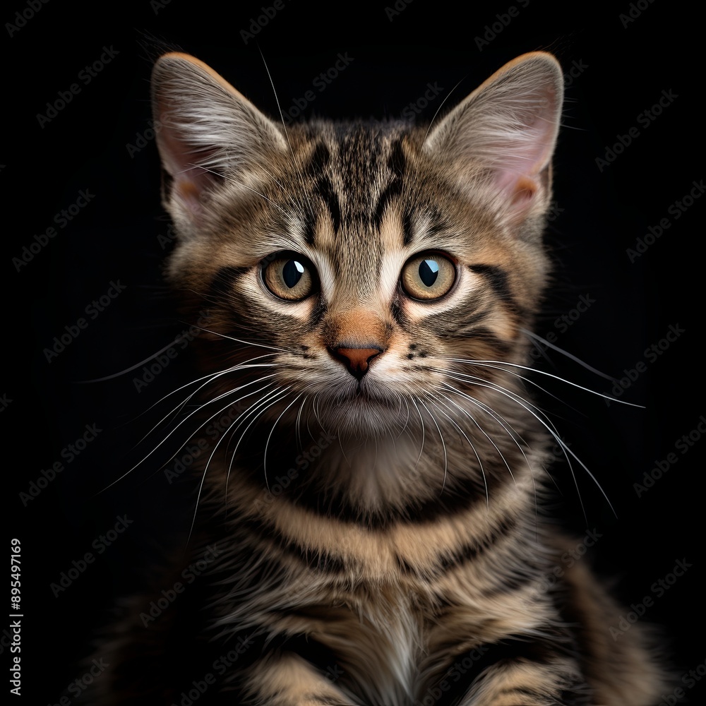 Close-up portrait of an adorable tabby kitten with big, expressive eyes, set against a dramatic black background. Perfect for use in a variety of creative projects and designs. Close-up portrait of an adorable tabby kitten with big, expressive eyes, set against a dramatic black background. Perfect for use in a variety of creative projects and designs.