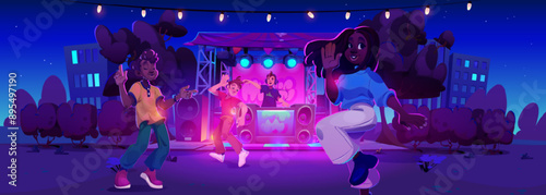 People dancing at outdoor concert in park. Vector cartoon illustration of dj performing on illuminated stage with floodlights, happy men and women enjoying music, night city view with modern buildings
