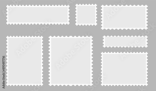 Blank set of 7 postage stamps. Paper postmarks for mail letter isolated on grey background. Vector illustration.