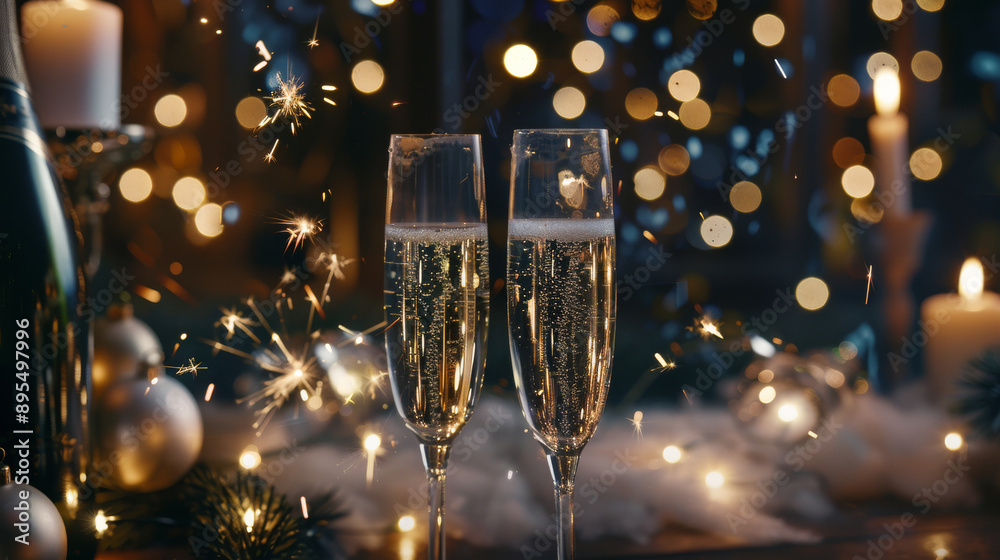 Celebrate the new year with champagne, toasting glasses, and sparklers in the starry night. Celebrate the new year with champagne, toasting glasses, and sparklers in the starry night.
