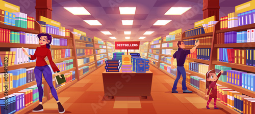 Man, woman and kid girl standing in book store room interior with rack and picking paper education and fiction literature. Cartoon vector illustration of bookstore or public library with shelves.