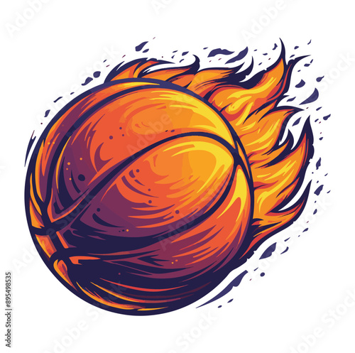 Basketball cartoon illustration with fire burning effect isolated on white ,generative ai